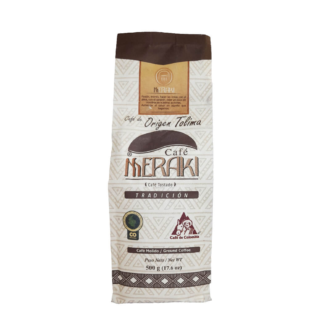 Café Meraki Tradición 500g molido, café artesanal colombiano de Tolima con notas clásicas suaves.