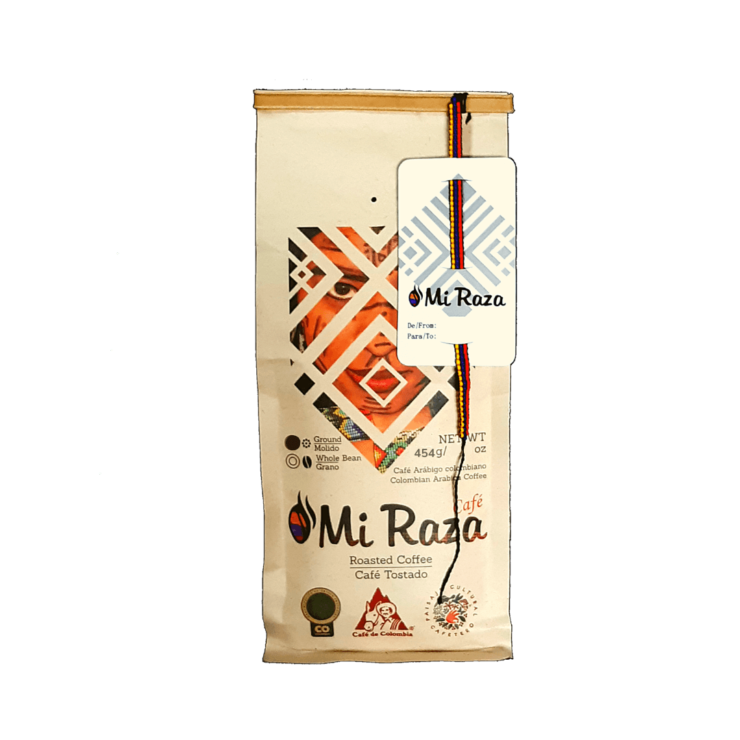 Café Mi Raza 454g con brazalete, café colombiano premium de origen y café artesanal arábica solidario.