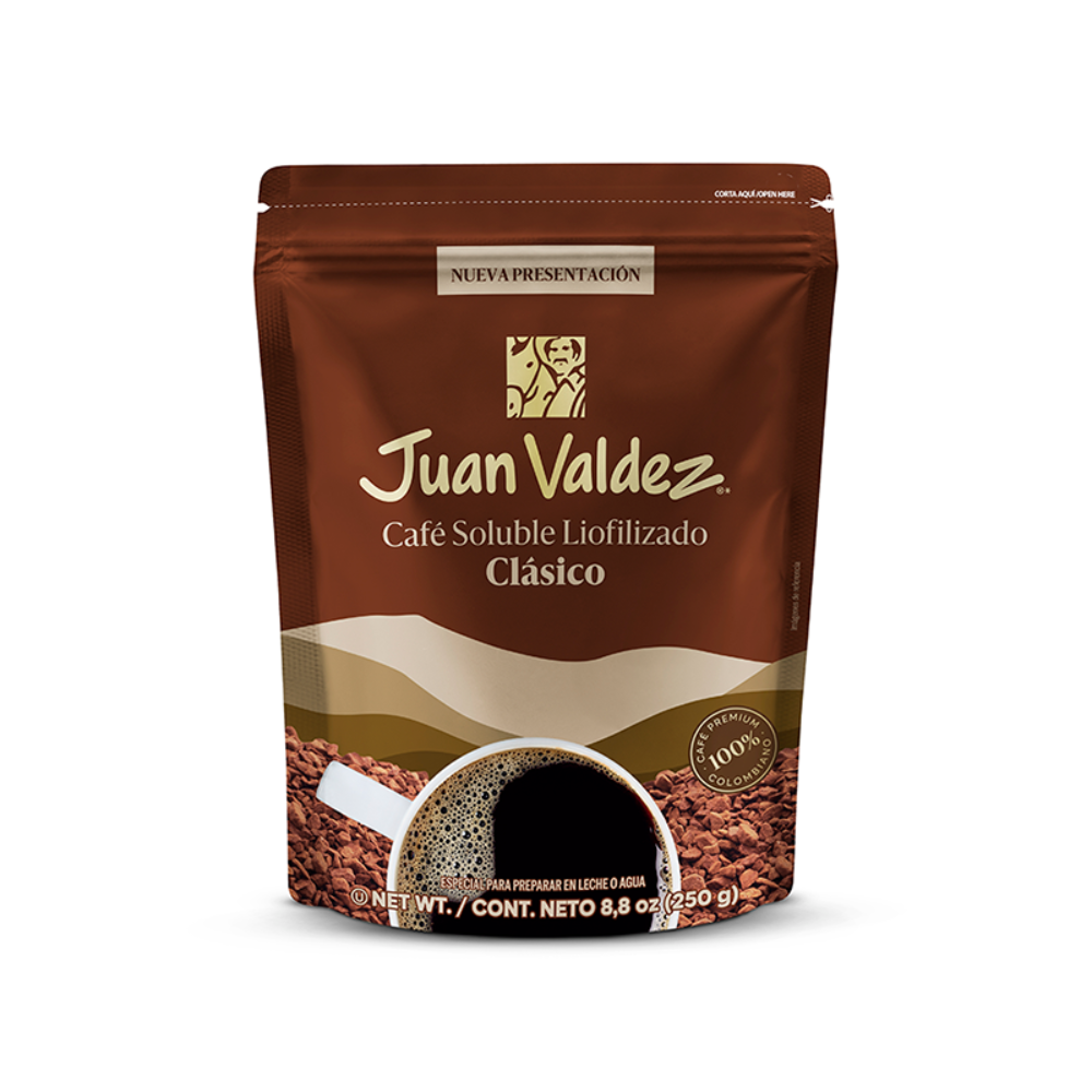 Juan Valdez Café Liofilizado Clásico Doypack, instantáneo ideal para tinto, capuchino o frapuchino.