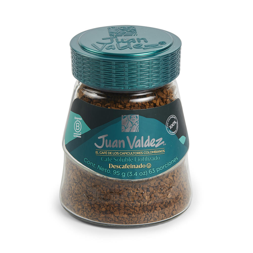 Juan Valdez Café Liofilizado Descafeinado, instantáneo perfecto para tinto, capuchino o frapuchino suave.