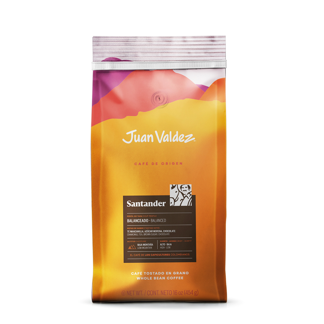 Juan Valdez Café en grano Origen Santander 454G, perfil balanceado con notas de manzanilla y chocolate.
