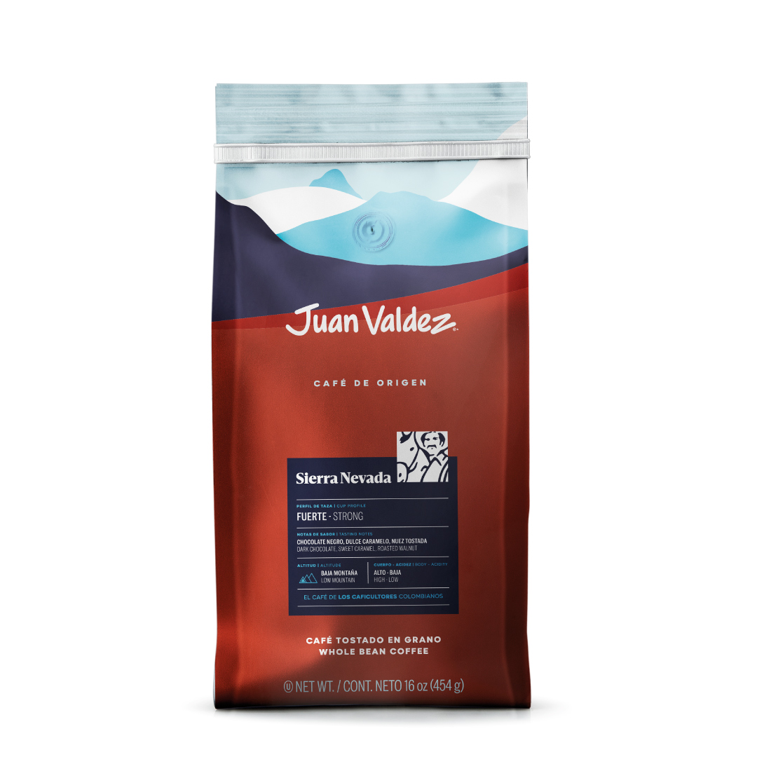 Juan Valdez Café Origen Sierra Nevada, perfecto para tinto, capuchino o frapuchino, con aroma y sabor excepcionales.