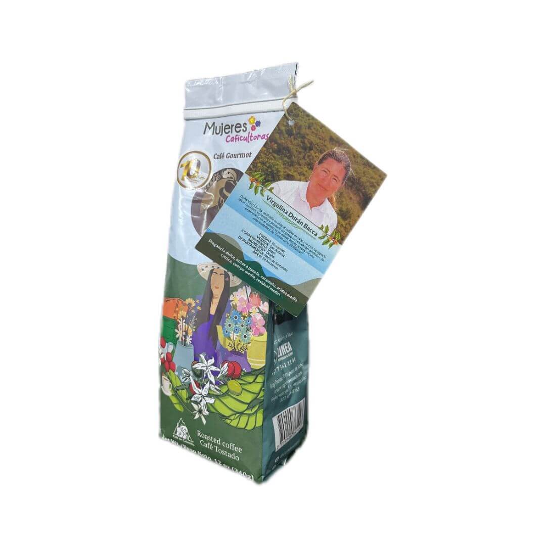 Gourmet Mujeres Cafeteras Virgelina Durán 340G, café colombiano y gourmet producido por mujeres cafeteras.