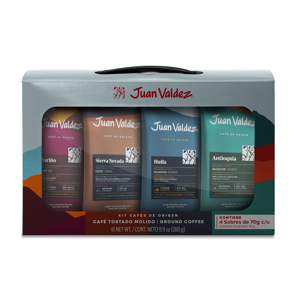 Juan Valdez Café Kit Sachets Origen x4, café en sachets de variedades colombianas ideal para degustar y compartir.