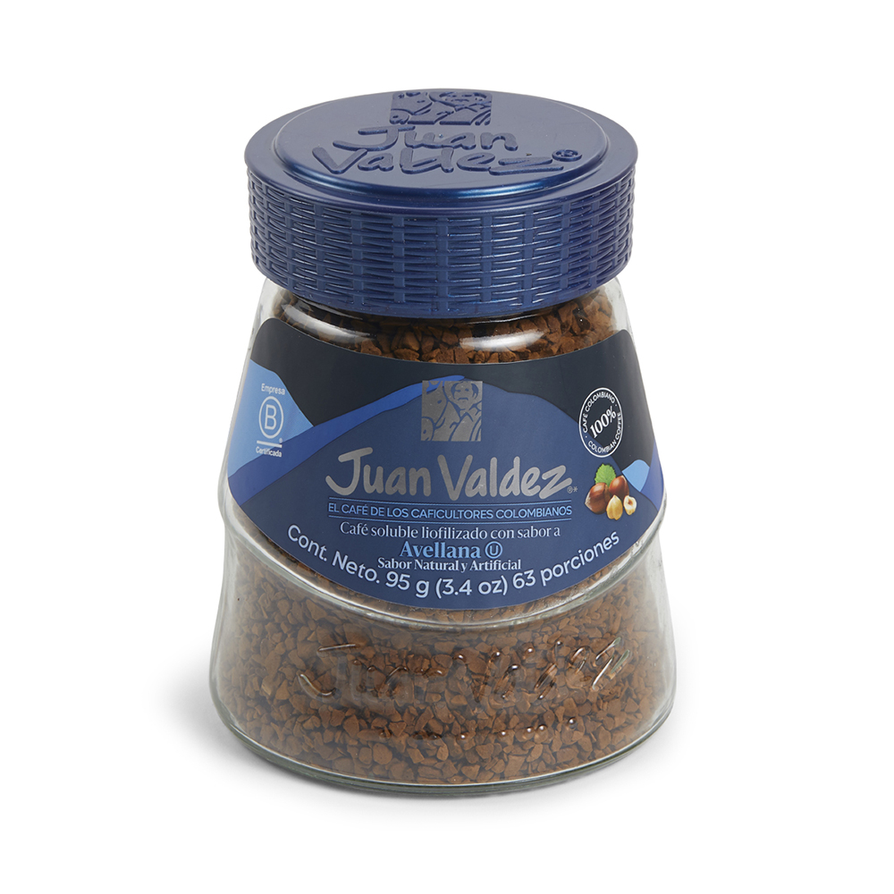 Juan Valdez Café Liofilizado Avellana, café aromatizado instantáneo de Colombia con sabor dulce y aroma especial.