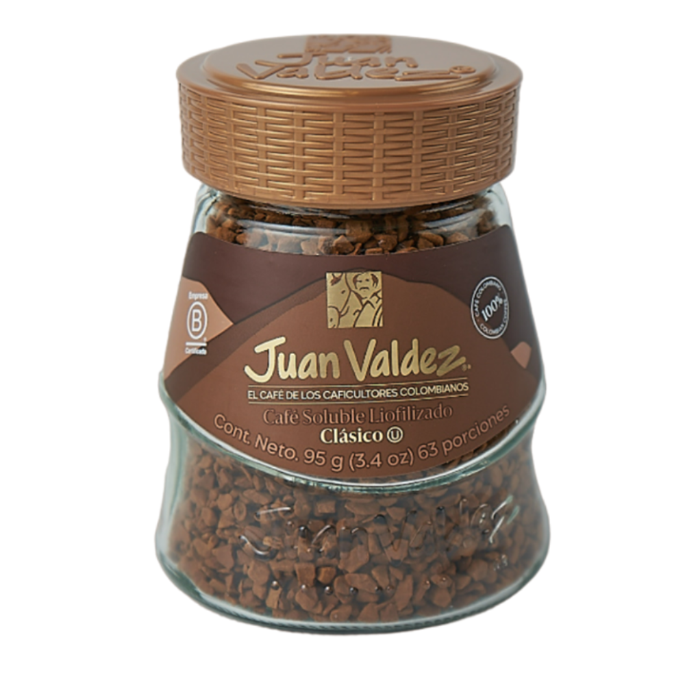 Juan Valdez Café Liofilizado Clásico, café soluble premium de Colombia con aroma intenso y sabor clásico auténtico.