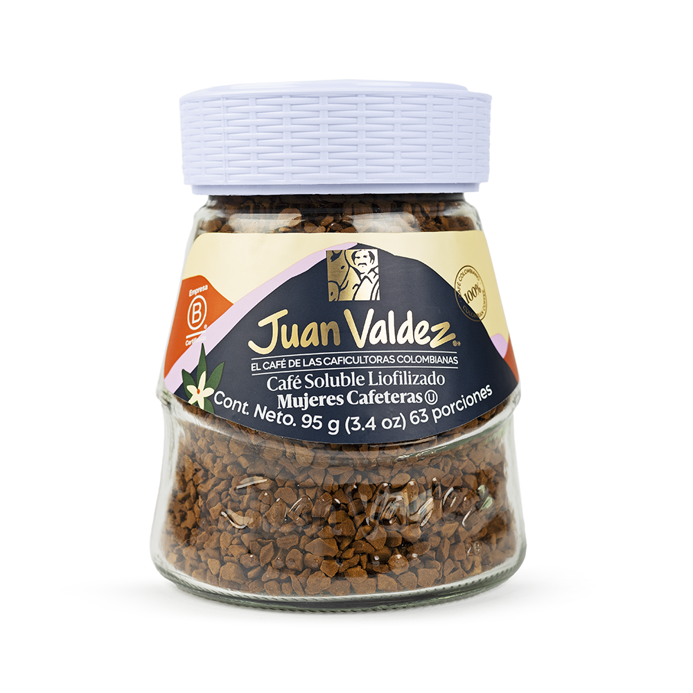 Juan Valdez Café Mujeres Cafeteras, café instantáneo especial de Colombia que apoya a mujeres productoras.