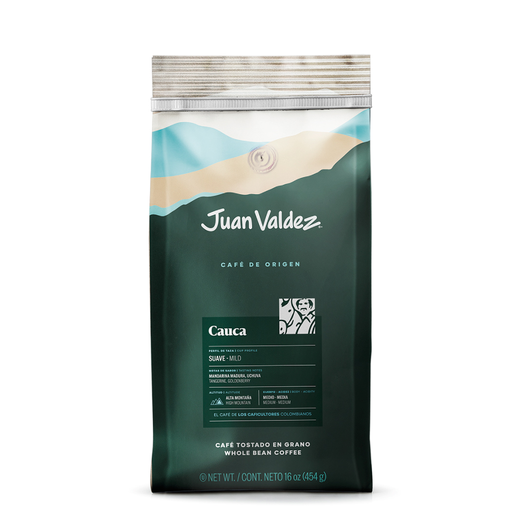 Juan Valdez Café Origen Cauca (454G), café especial colombiano con aroma intenso y notas únicas de la región montañosa.