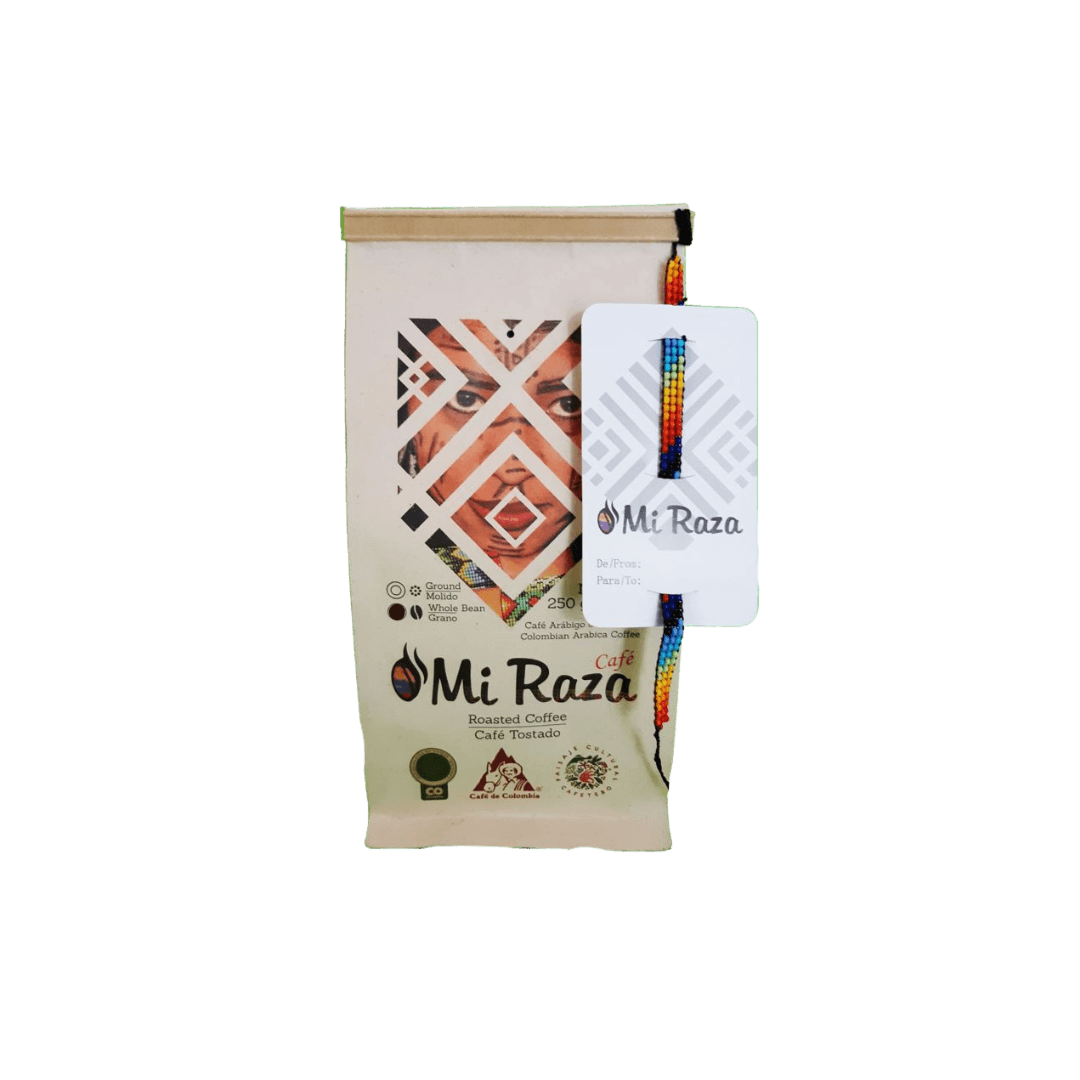 Café Mi Raza 250g con brazalete, café solidario Colombia 100% colombiano y artesanal en grano o molido.