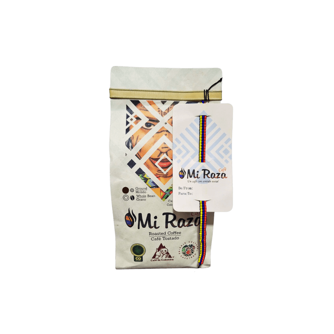 Café Mi Raza 340g con brazalete, café colombiano premium que es solidario 100% arábica y artesanal molido.