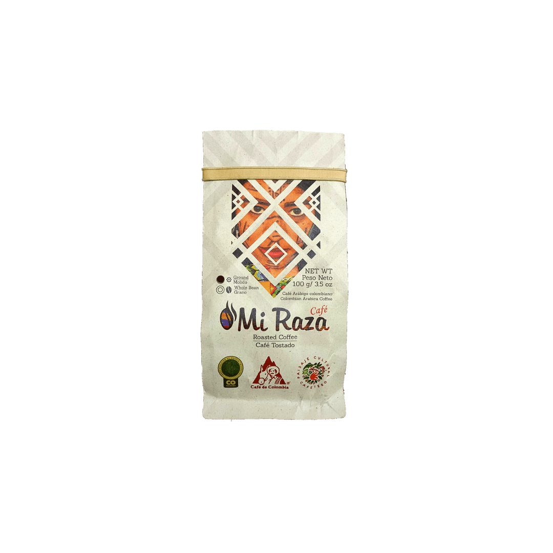 Café Mi Raza molido 100g, café molido colombiano premium en formato pequeño con molienda media ideal para viaje.